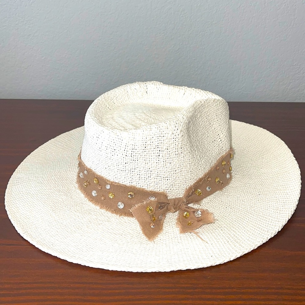 Beaded White Woven Sun Hat